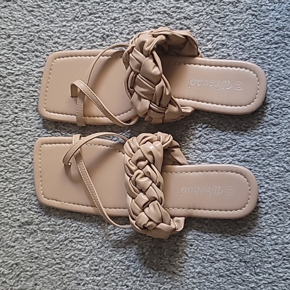 Nude Leather Sandals with Thick Braided Strap - Size 11
